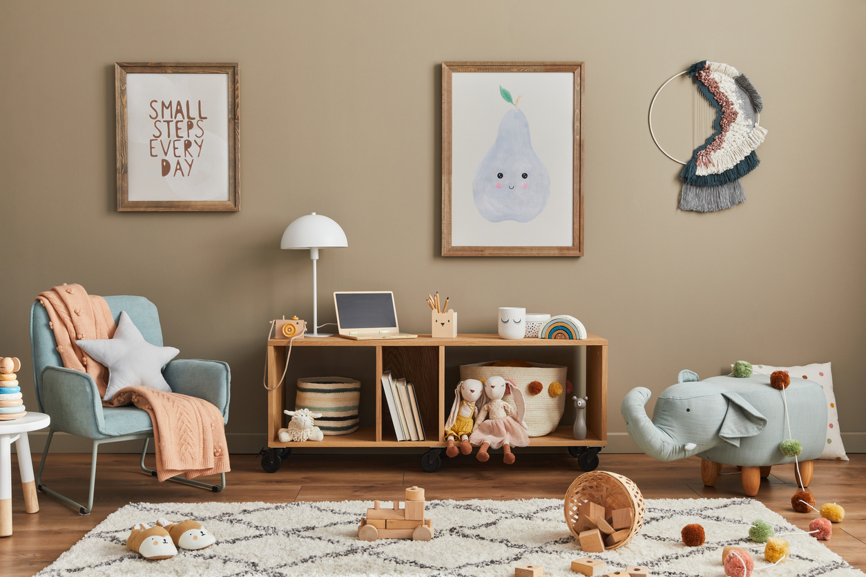 Stylish scandinavian kid room interior with toys