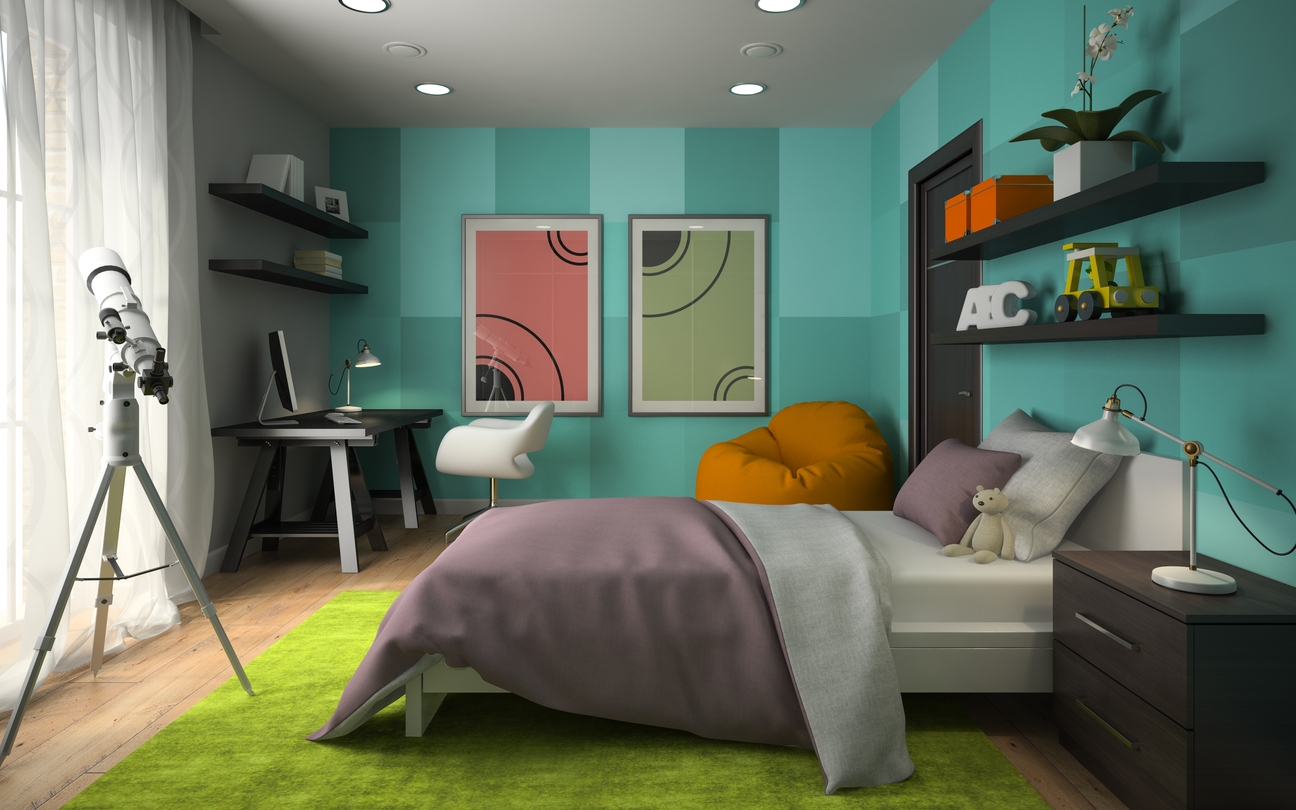 Interior of modern childroom with blue wall